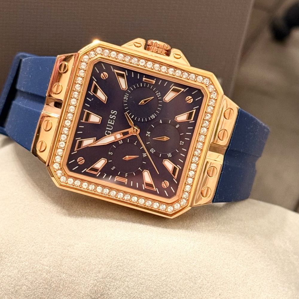 GUESS Women's Rose-Gold Multi-Function Blue Silicone Watch 34mm